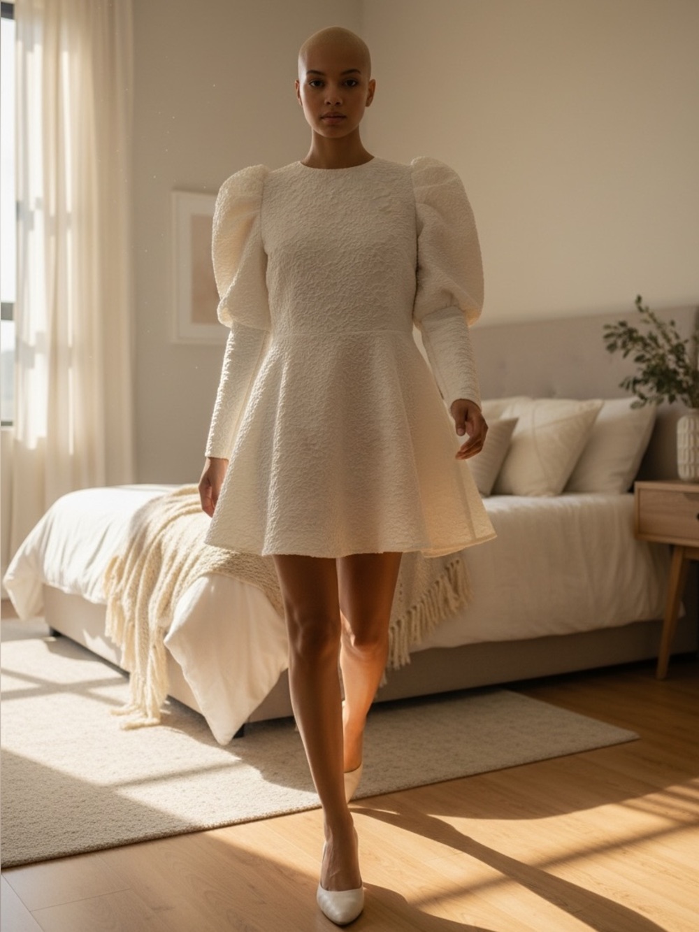 H&M Textured Puff-Sleeve Mini Dress in Cream
